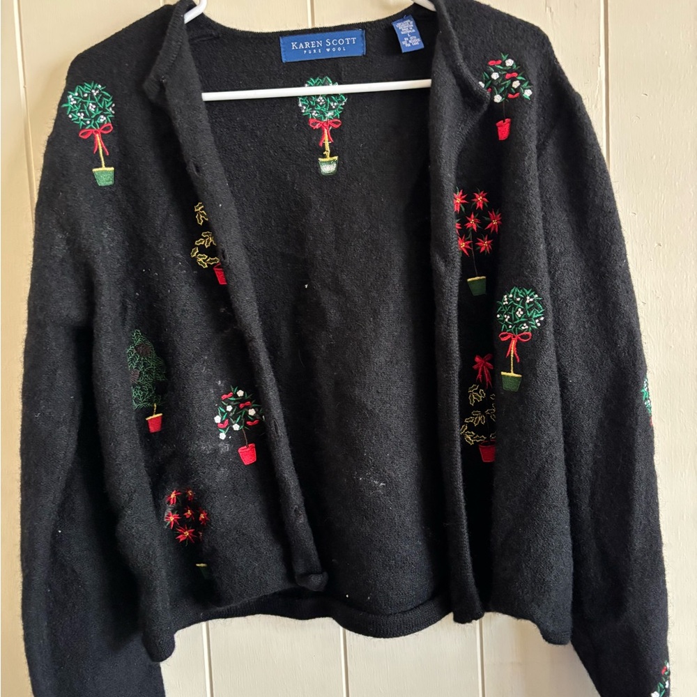 Karen Scott Black Cardigan with Colorful Embroidery